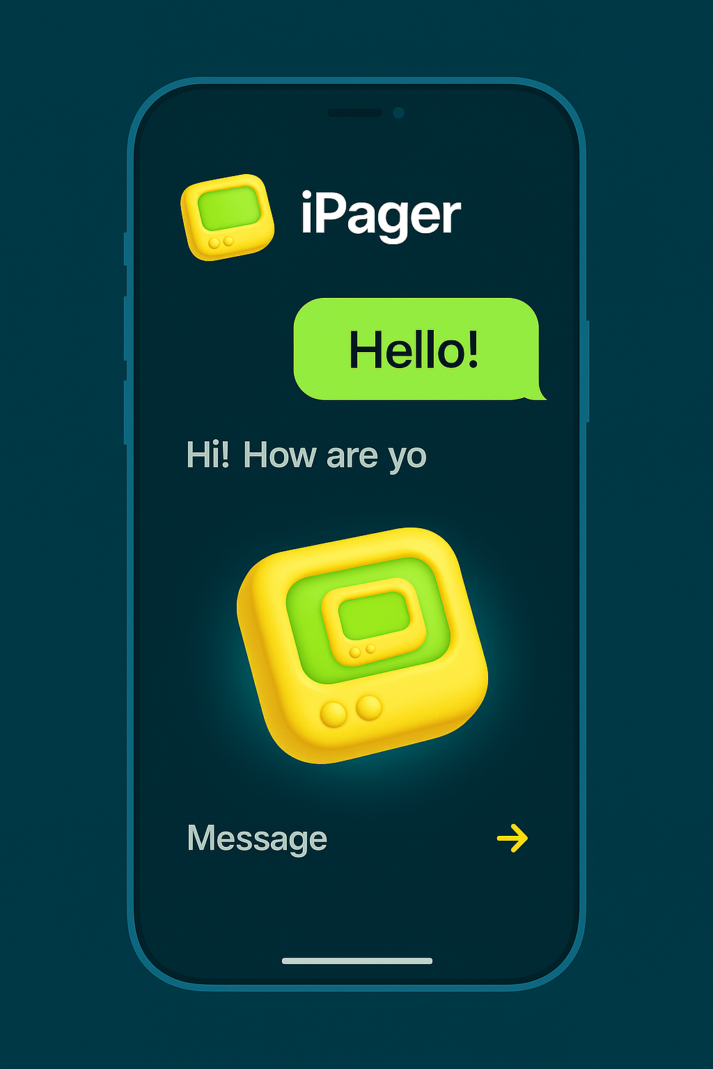 iPager app interface showing chat conversation with pager device